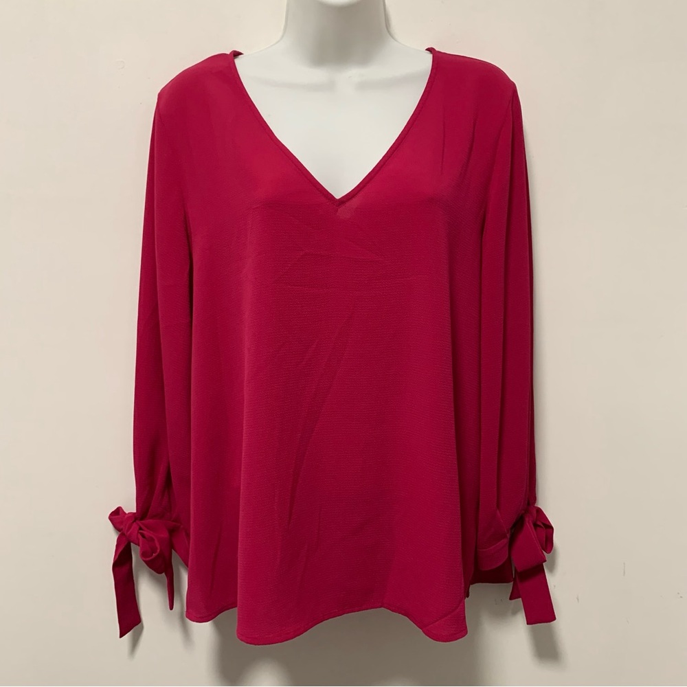 CeCe Fuchsia V-Neck Blouse with Bow Detail